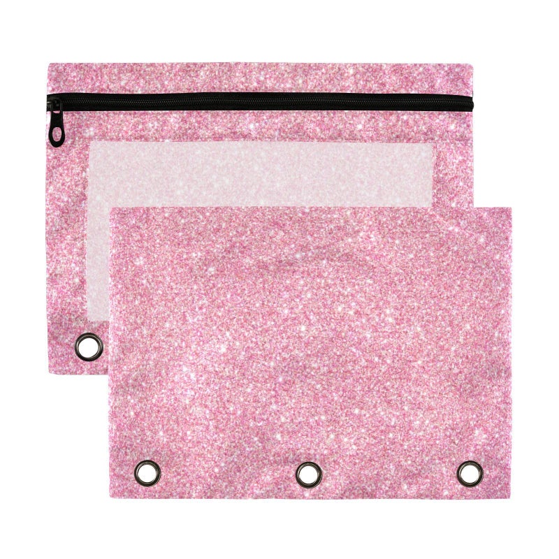 Kcldeci Pencil Pouch for 3 Ring Binder  Pink Glitter Binder Pouches with Zipper Bulk  Pen Holder Case with Clear Window School Class Office Organizers  2Pack - Image 1